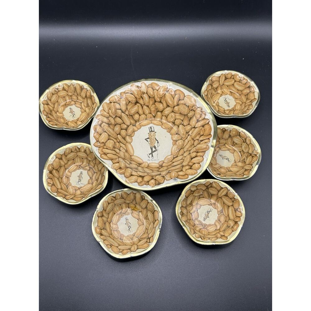 Vintage Planters Mr Peanut Tin Serving Bowls Set of 7 Metal Nut Appetizer Trays